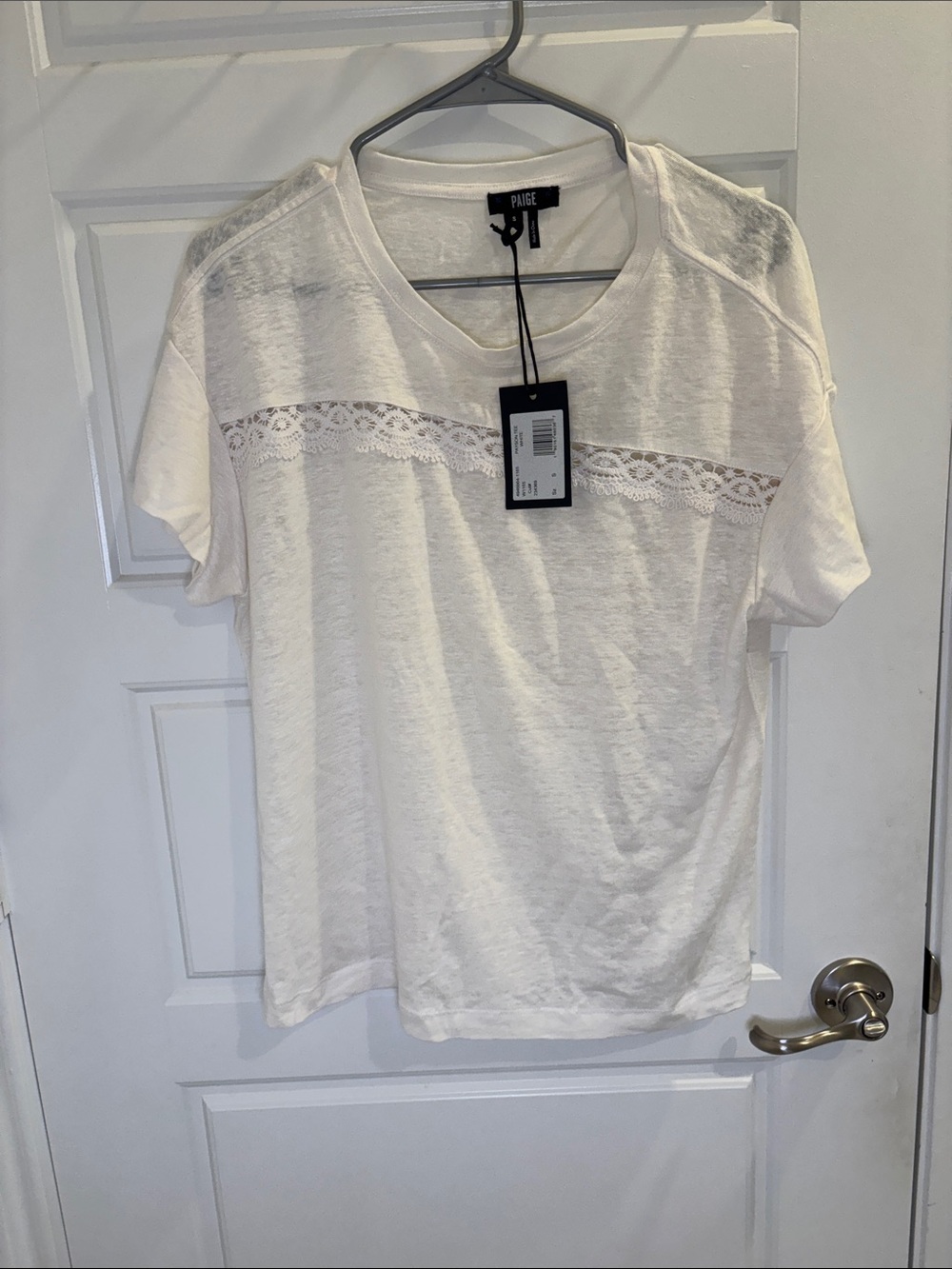 PAIGE Linen Lace Detail Short Sleeve Top White Size Small NWT - Picture 1 of 5